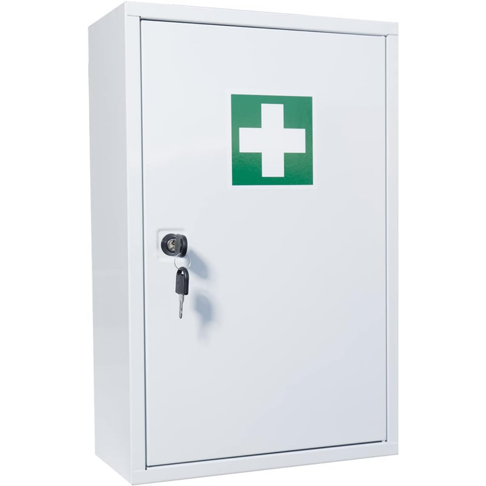 Erste Hilfe Verbandschrank B - 46 x 30 x 14 cm -  Metall (leer), mit 3 Fächern, Sicherheitsschloss