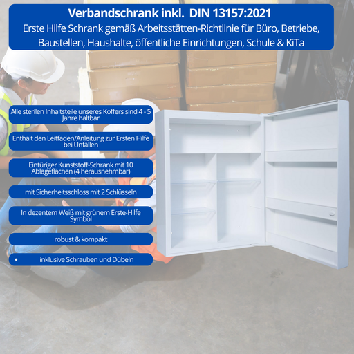 Innenansicht eines Erste-Hilfe-Verbandschranks nach DIN 13157, Kunststoffausführung mit 10 organisierten Fächern für Verbandsmaterial.