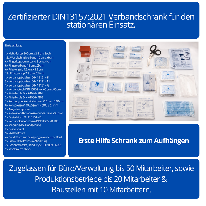 Detaillierte Beschreibung und Spezifikationen des Erste-Hilfe-Verbandschranks gemäß DIN 13157, inklusive Ausstattungsmerkmale.