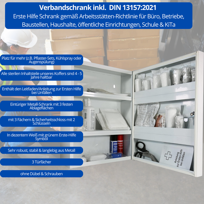 Erste Hilfe Verbandschrank D - 48,5 x 40 x 20 cm - mit DIN 13157:2021 - Metall