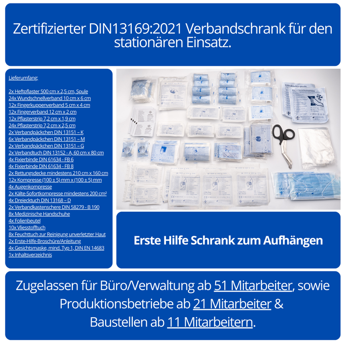 Erste Hilfe Verbandschrank D - 48,5 x 40 x 20 cm - Metall mit DIN 13169:2021 - Medizinschrank mit 3 Fächern + 3 Türfächer