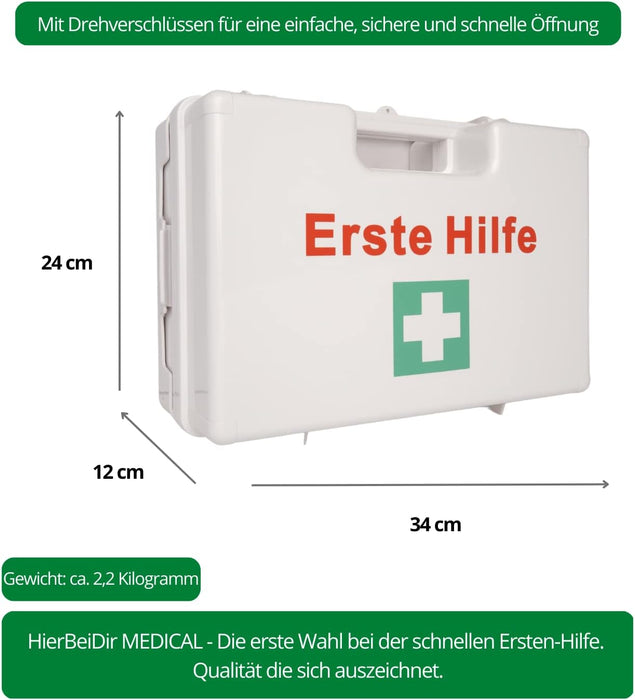 Erste Hilfe Kasten mit DIN 13157:2021 - MEDIUM (TYP M) in Weiß - mit Wandhalterung