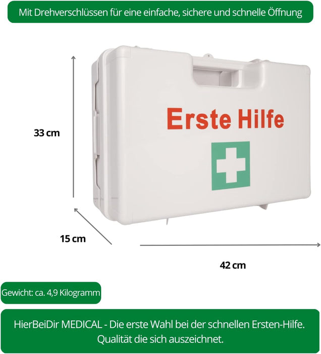 Erste Hilfe Kasten DIN 13169:2021 - MEDIUM (TYP M) in Weiss - mit Wandhalterung