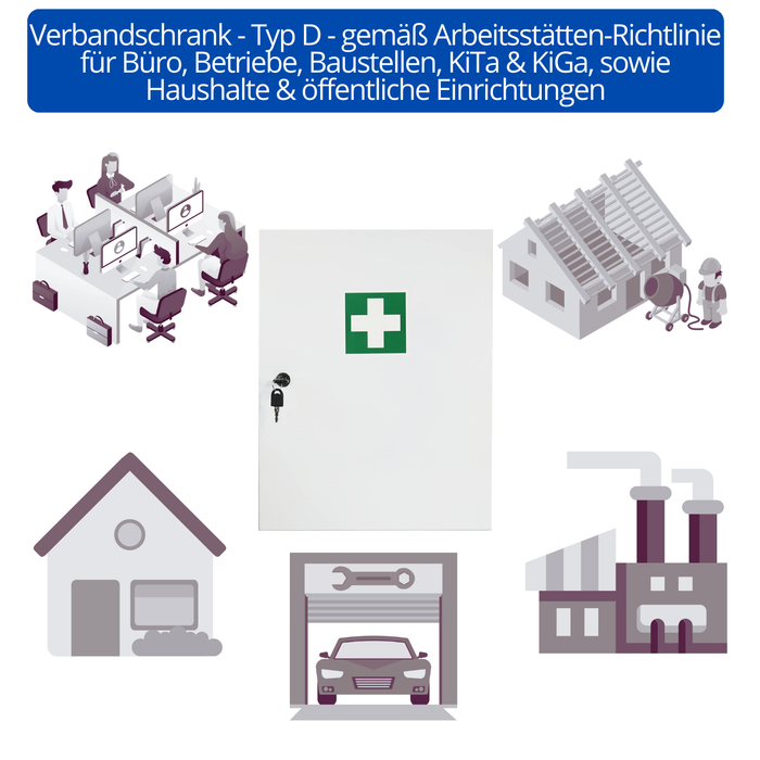 Erste Hilfe Verbandschrank D - 48,5 x 40 x 20 cm - Metall mit DIN 13169:2021 - Medizinschrank mit 3 Fächern + 3 Türfächer