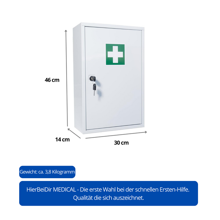 Erste Hilfe Verbandschrank Metall mit DIN 13157:2021 - 3 Fächern mit Sicherheitsschloss und den Maßen 140x300x460mm