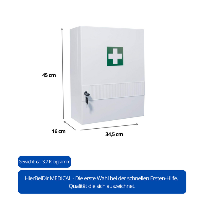 Abmessungen und Größenangaben des Erste-Hilfe-Verbandschranks konform mit DIN 13157, für die optimale Platzierung und Installation.