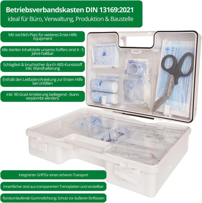 Erste Hilfe Kasten DIN 13169:2021 - LARGE (TYP L) in Weiss - mit Wandhalterung