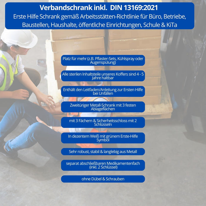 Erste Hilfe Verbandschrank G -  60 x 50 x 13 cm - Metall - mit DIN 13169:2021  - 3 Fächern (zweitürig) + abschließbares Medikamentenfach