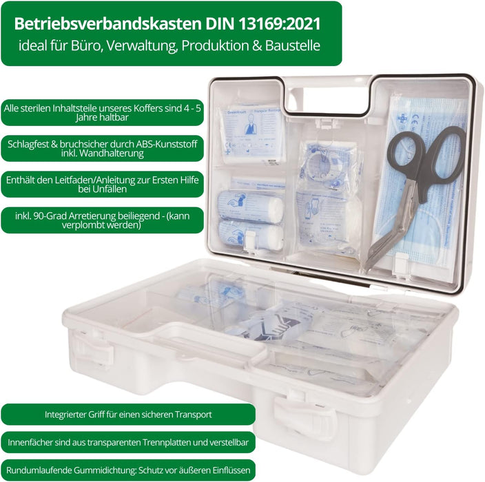 Erste Hilfe Kasten DIN 13169:2021 - MEDIUM (TYP M) in Weiss - mit Wandhalterung