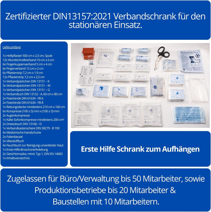 Erste-Hilfe-Verbandschrank-DIN-13157 2021-Metall 3-Faechern Zweituerig Inhalt
