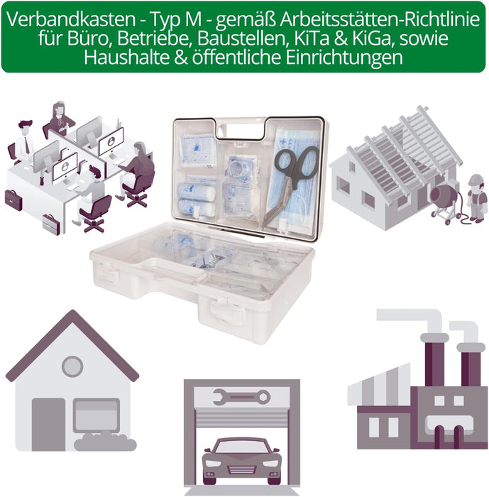 Erste Hilfe Kasten DIN 13169:2021 - MEDIUM (TYP M) in Weiss - mit Wandhalterung