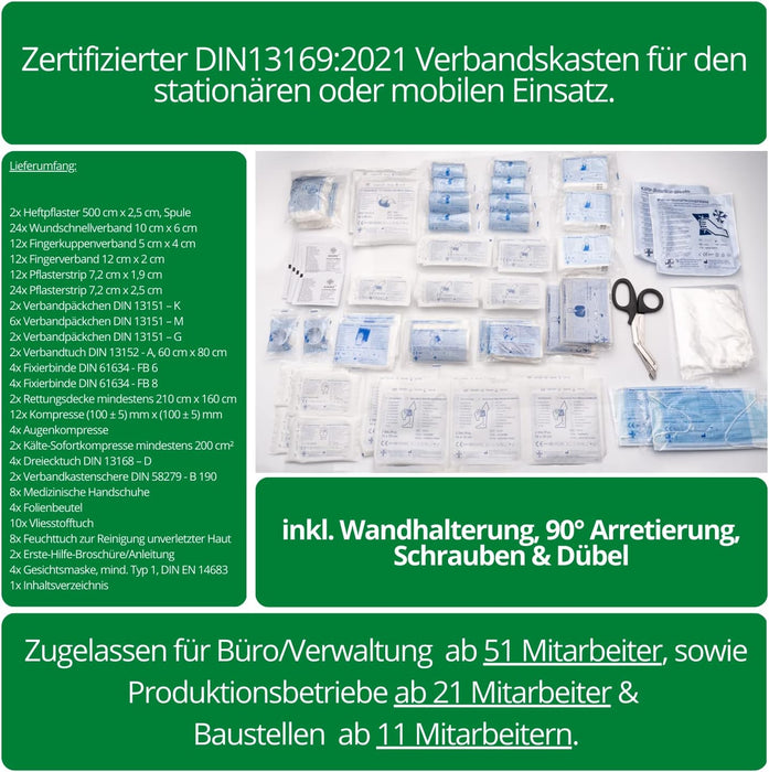 Erste Hilfe Kasten DIN 13169:2021 - MEDIUM (TYP M) in Weiss - mit Wandhalterung