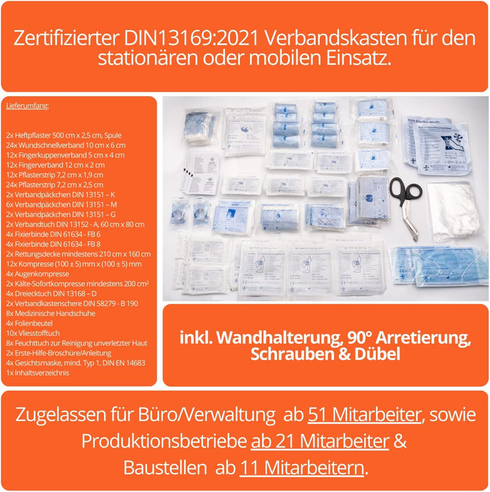 Erste Hilfe Kasten DIN 13169:2021 - MEDIUM (TYP M) - mit Wandhalterung