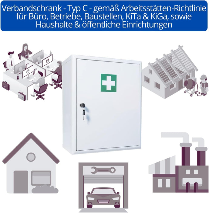 Erste Hilfe Verbandschrank Metall mit dem Inhalt DIN13169:2021 Einsatzorte geeignet fuer Baustellen