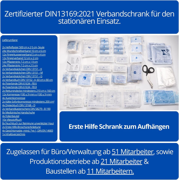 Erste Hilfe Verbandschrank Metall mit dem Inhalt DIN13169:2021 mit 3-Faechern 48,5 x 40 x 20cm