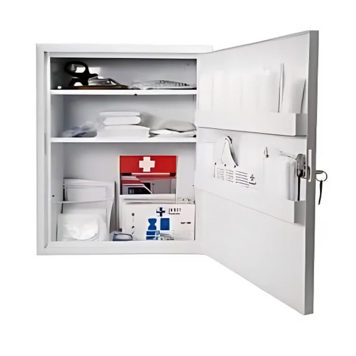 Erste Hilfe Verbandschrank C / Medizinschrank  - 48,5 x 40 x 20 cm - Metall mit DIN 13169:2021 - 3 Fächern (2 verstellbar) + 2 Türfächer, Sicherheitsschloss