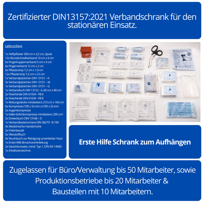 Erste Hilfe Verbandschrank aus Metall mit dem Inhalt  Din-13157:2021 - Maße 37x30x14cm