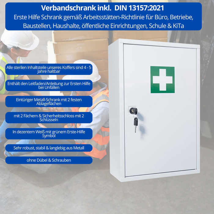 Erste Hilfe Verbandschrank mit Lieferumfang aus Metall mit Din-13157:2021 - 37x30x14cm 